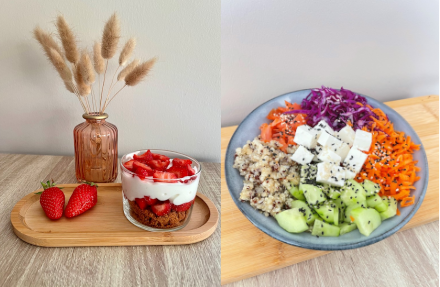 Dessert à la fraise et salade de crudités et feta